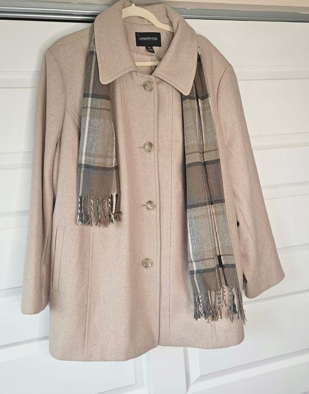 London Fog Wool Blend Pea Coat Plaid Scarf Beige Tan Jacket Womens Plus Size 3X